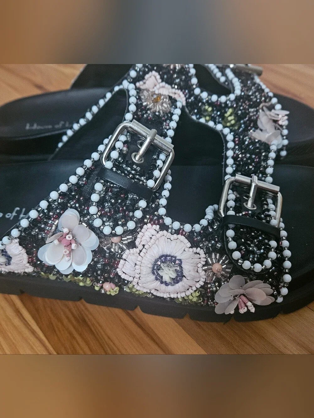 House of Harlow 1960 Black Beaded Floral Buckle Slide Sandals